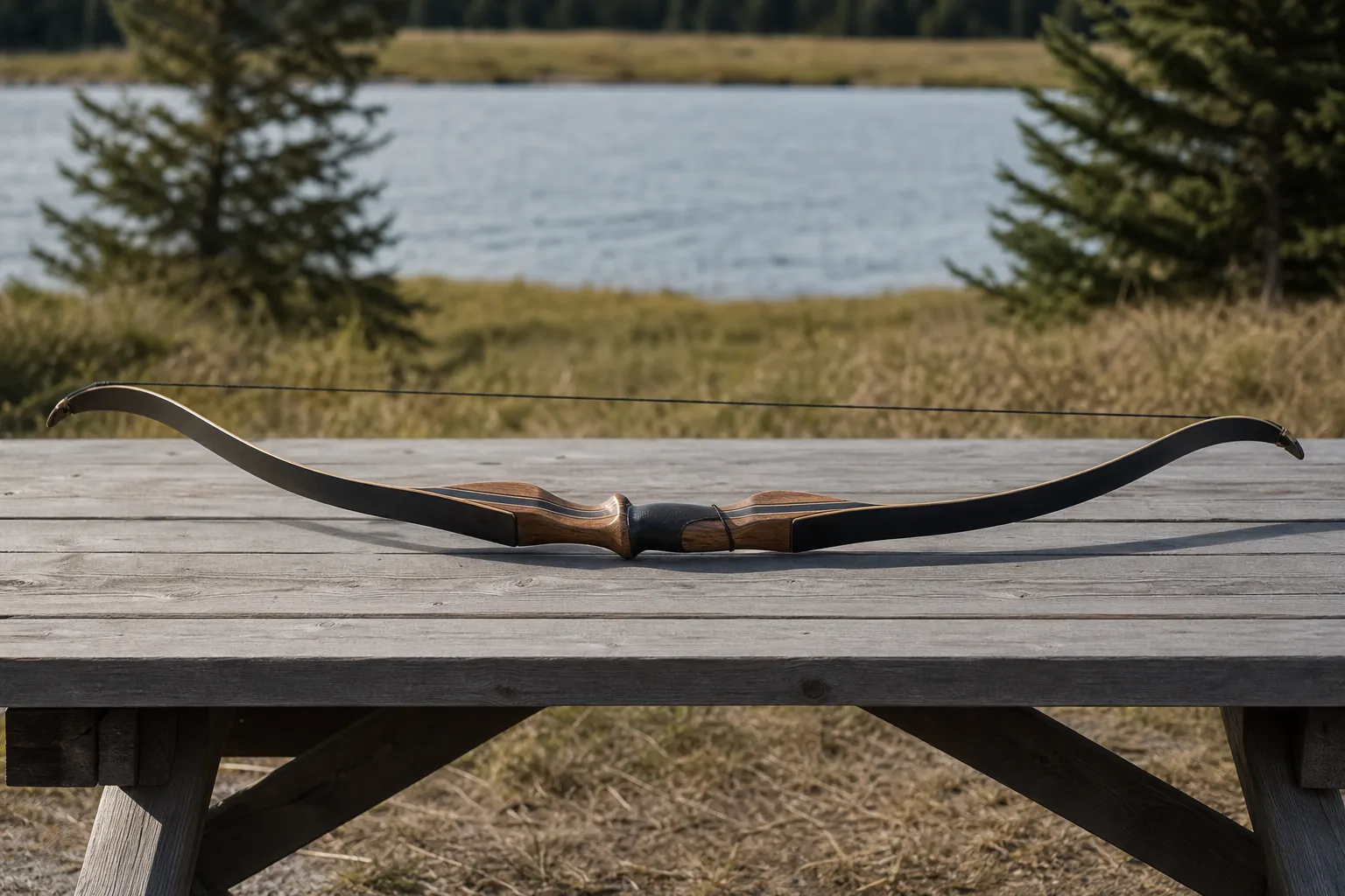 A side view of a recurve bow highlights the limb tips curving away from the archer.