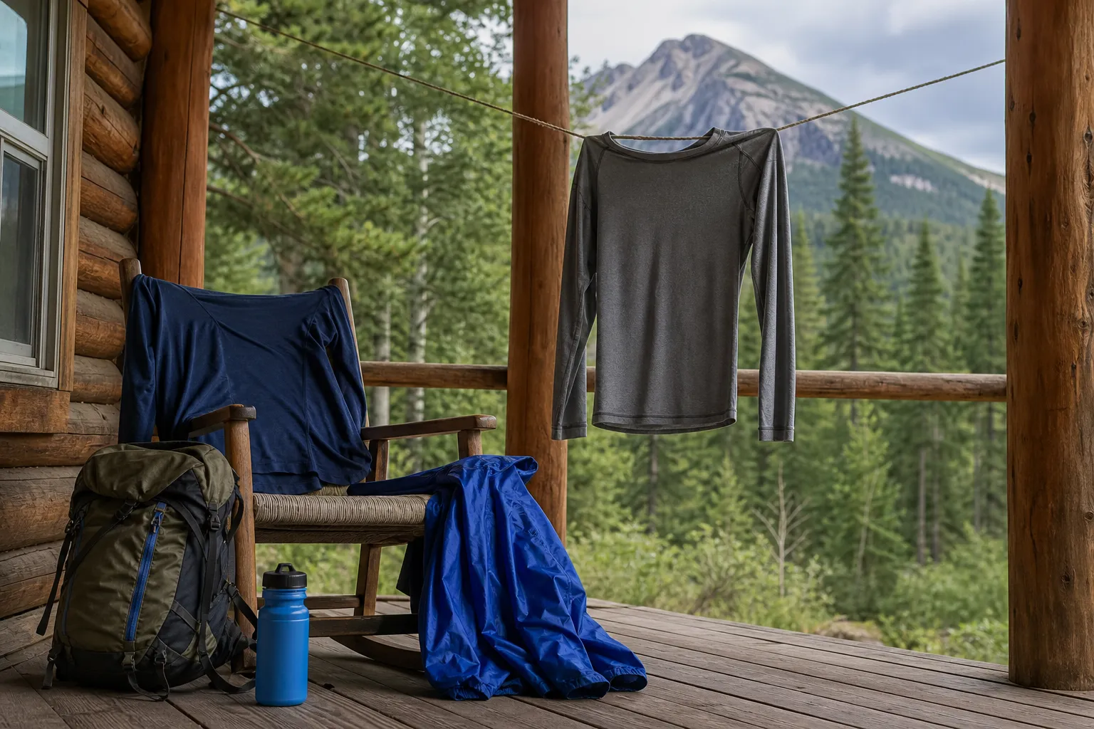 A lightweight synthetic shirt drying outdoors beside hiking gear.