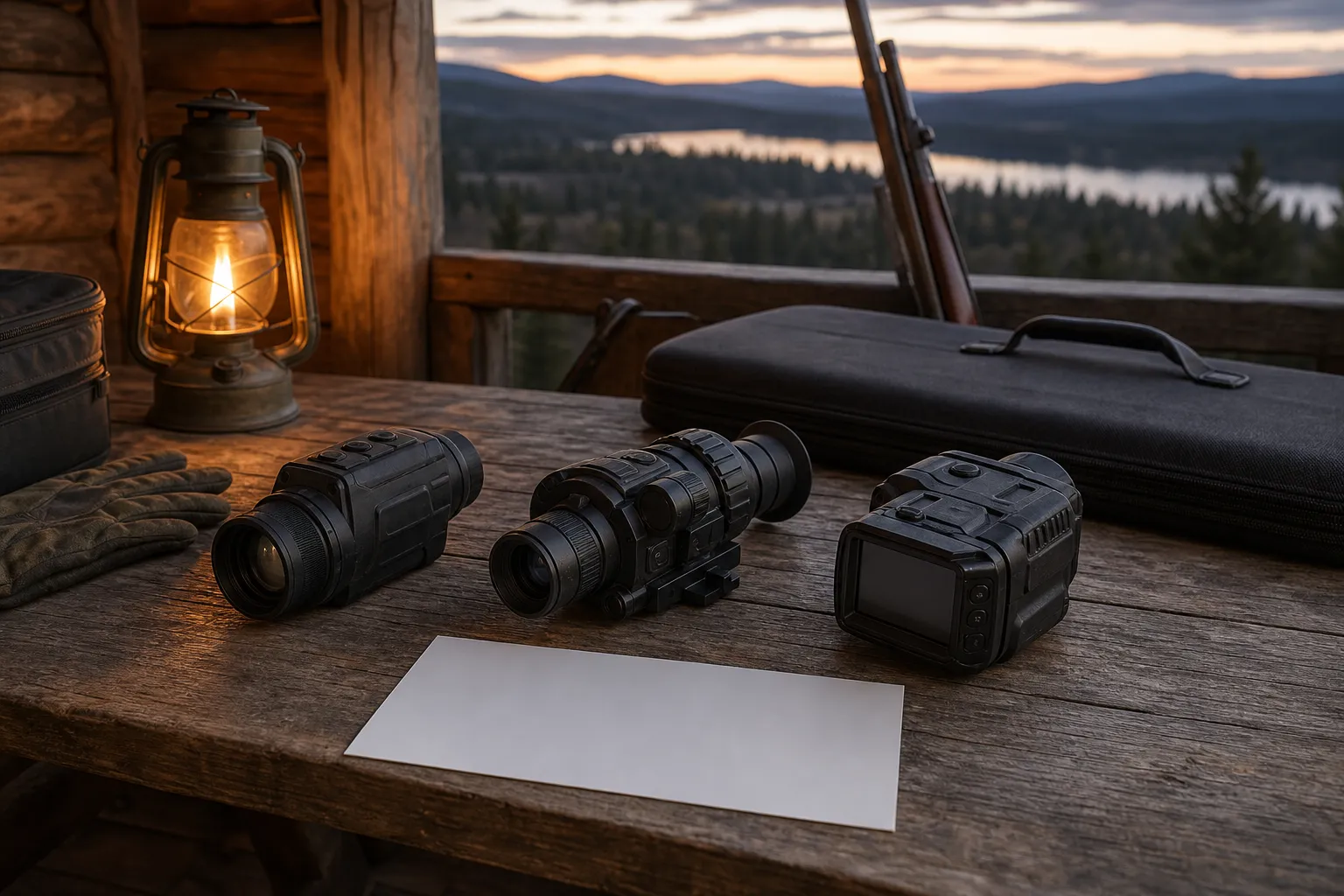 Three different low light optics are arranged on a table at a campsite to show the main technology types.