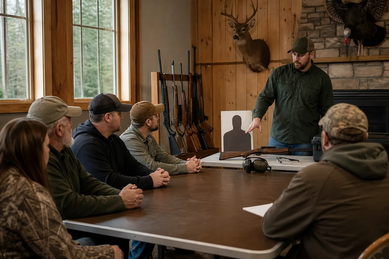 Adult students listen to an instructor demonstrating safe firearm handling around an unloaded gun on a table.