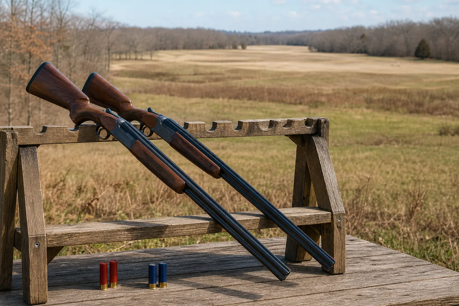 Two safe unloaded shotguns of different sizes resting outdoors on a table in a North American field setting.