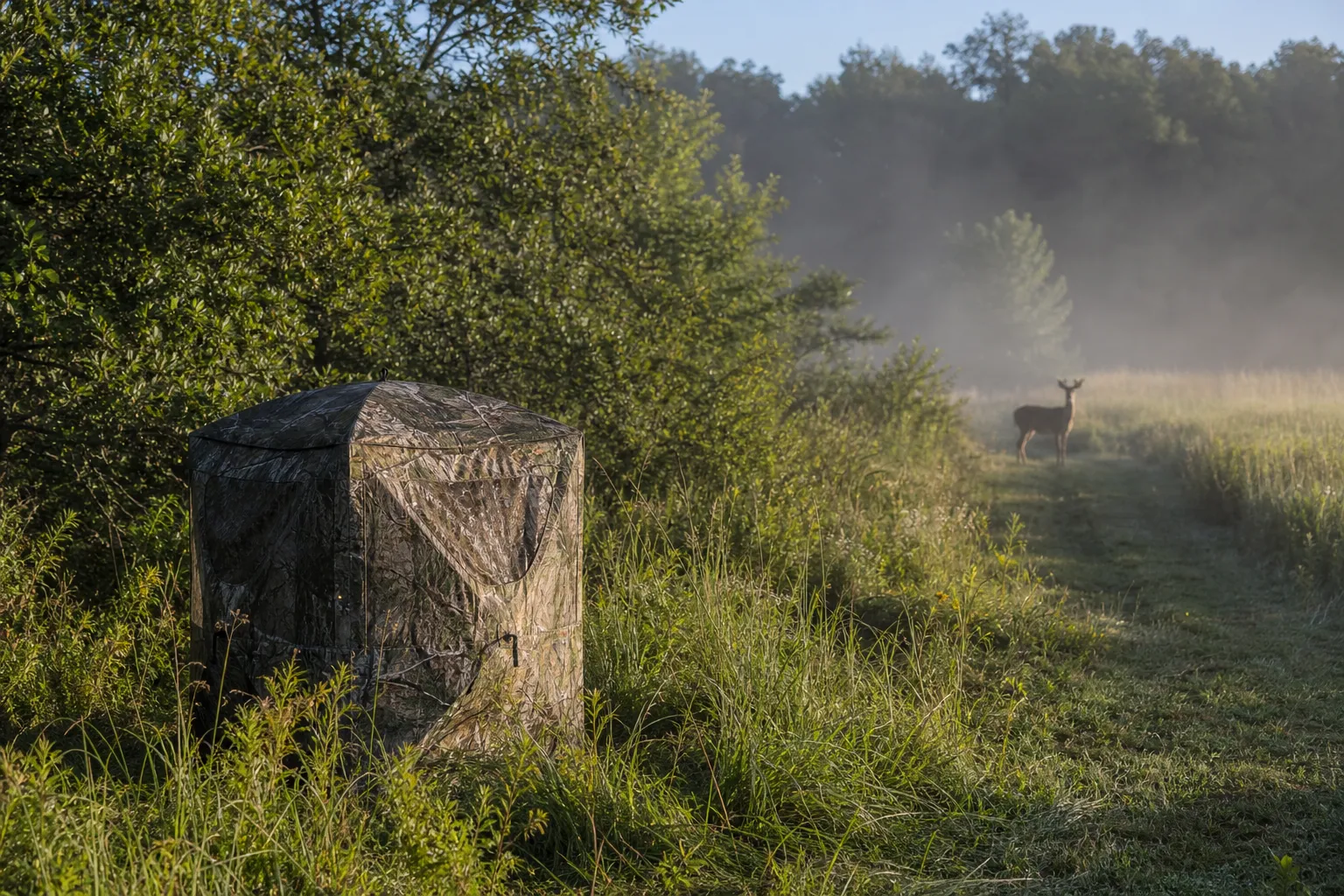 A pop up ground blind stands quietly beside tall grass at the edge of a field.