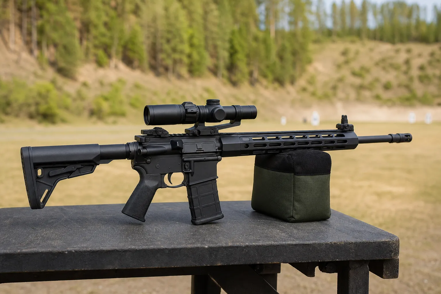 An optic equipped rifle resting on a bench with folded backup iron sights visible.
