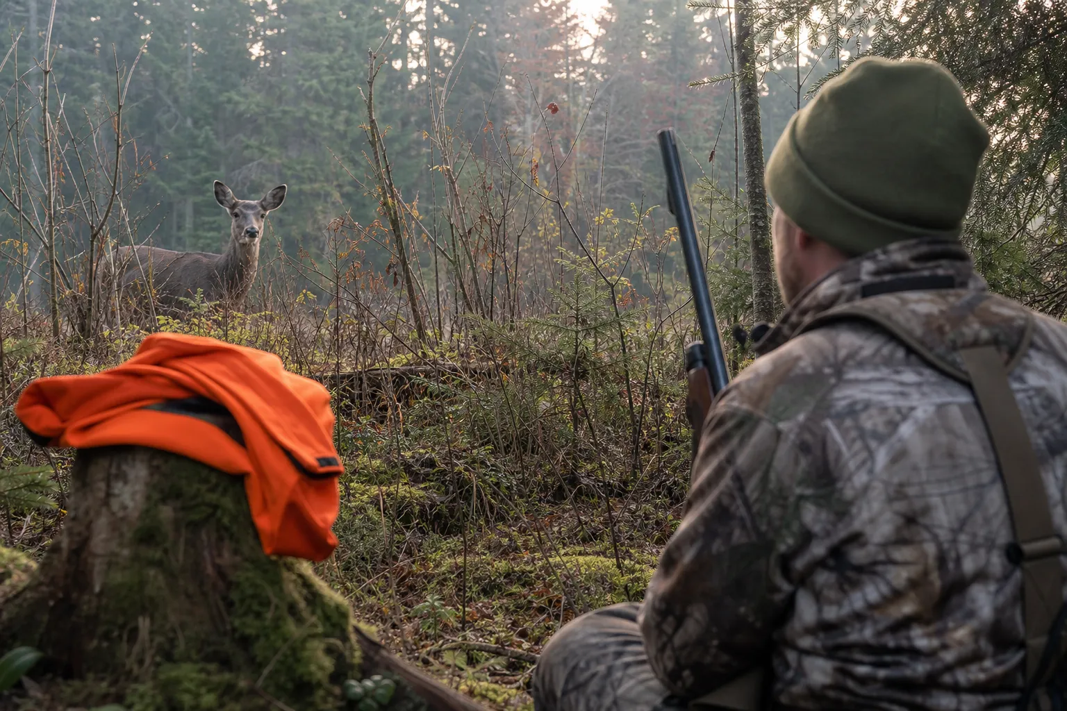 A deer stands in brush near a bright blaze orange jacket laid on a log in the woods.