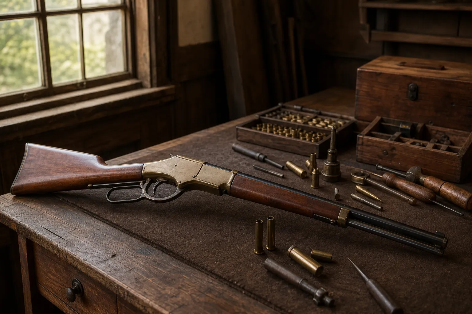 A historic lever action rifle lies on a table with old workshop tools and cartridge parts.