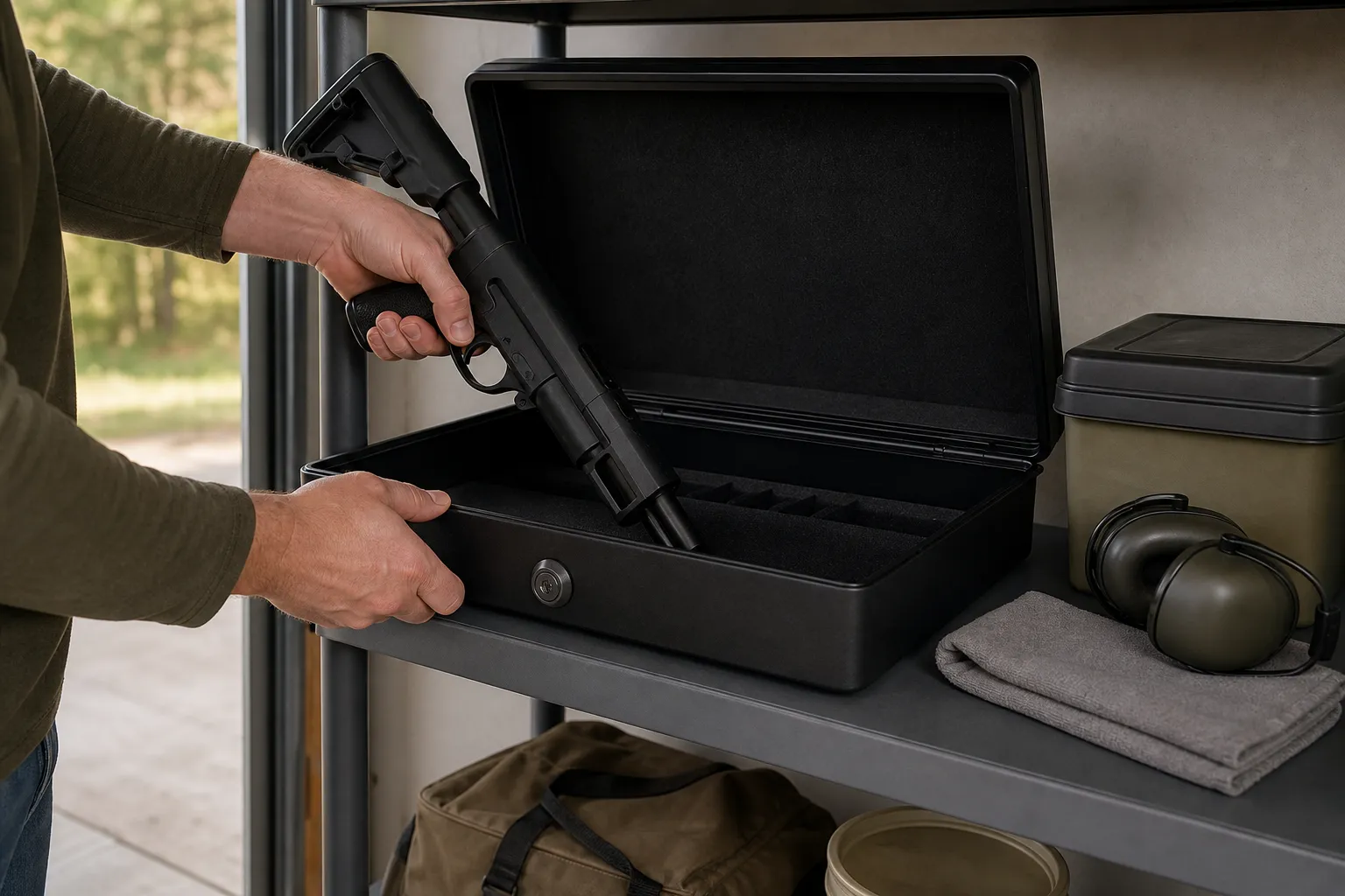 An unloaded firearm is being placed into a locked storage case with ammunition stored separately nearby.