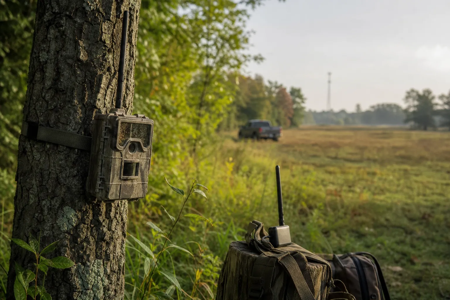 A cellular trail camera mounted at the edge of a field with a distant tower in the background.