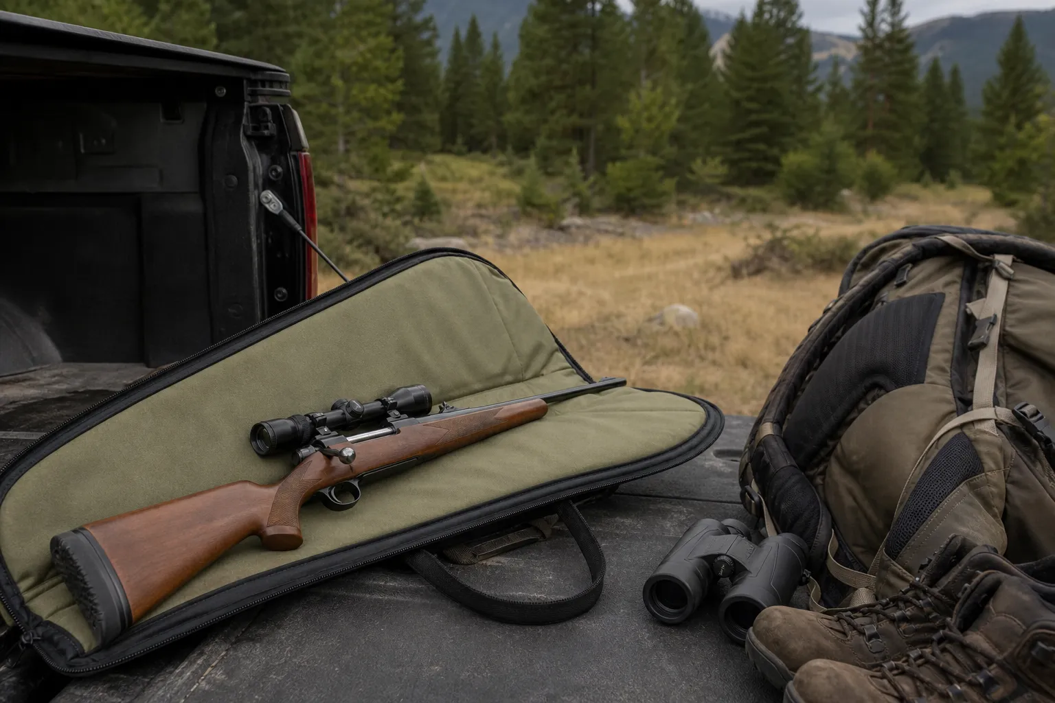 A bolt action rifle rests in an open case at a hunting camp beside basic gear.