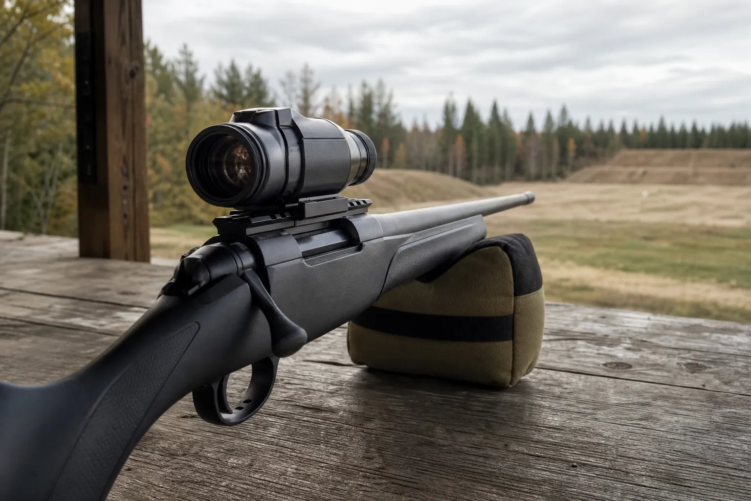 A compact prism scope mounted on an unloaded rifle rests on a bench at an outdoor range.