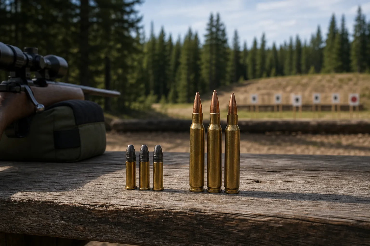 A simple tabletop arrangement shows rimfire and centerfire cartridges grouped separately for comparison.