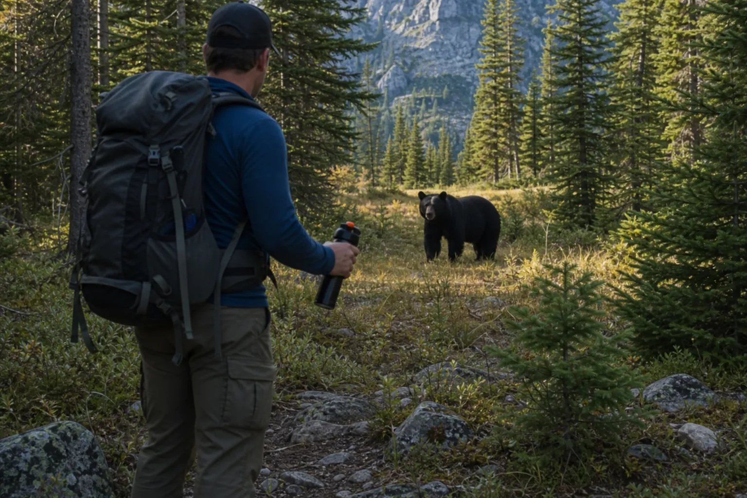 A hiker stands on a forest trail holding bear spray while a black bear watches from a safe distance in the woods.