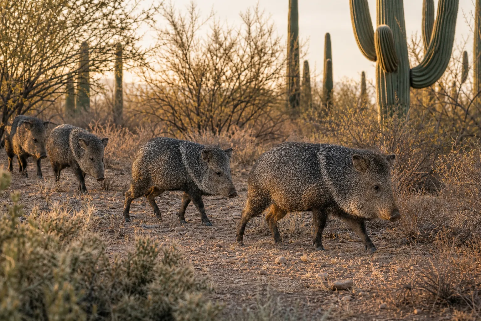 A small herd of javelina walks through a dry desert landscape with cactus and scrub at golden hour.