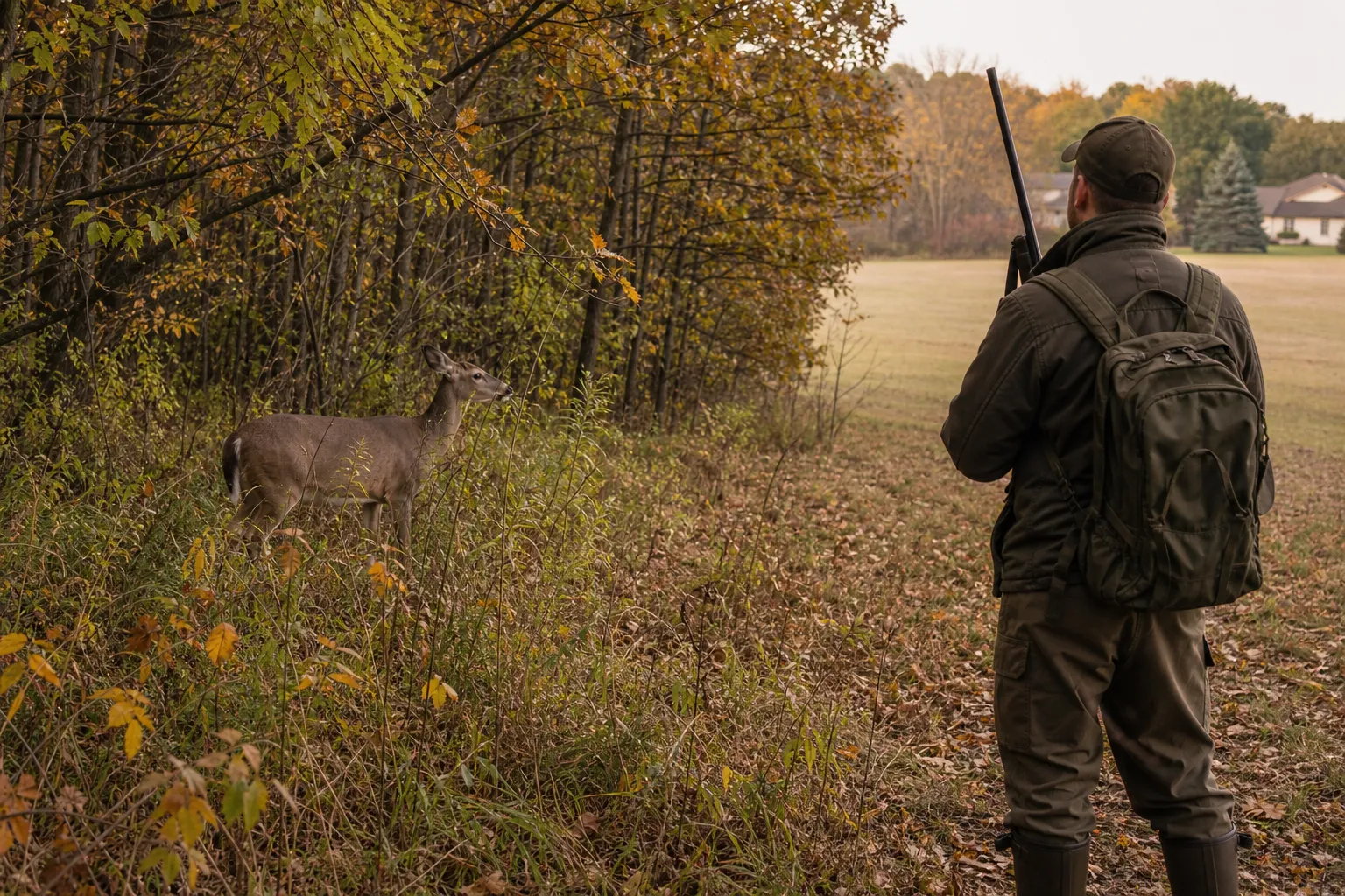 A white tailed deer doe browsing beside thick brush at the edge of a woodland and open field.