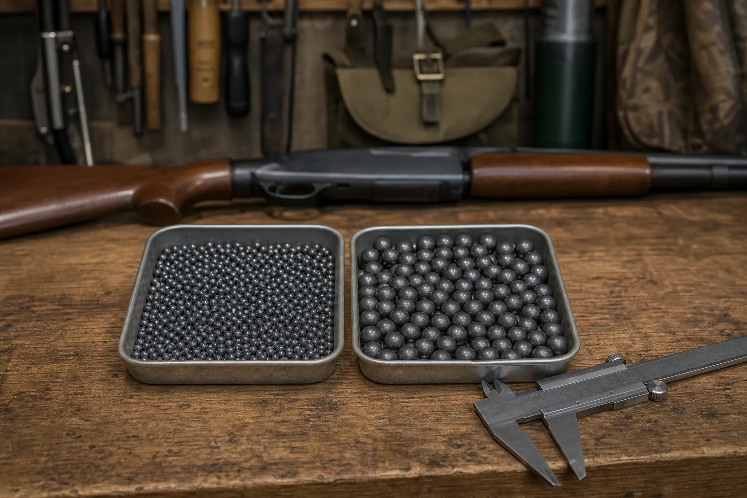 Two trays of birdshot pellets, one smaller and one slightly larger, shown side by side for comparison.