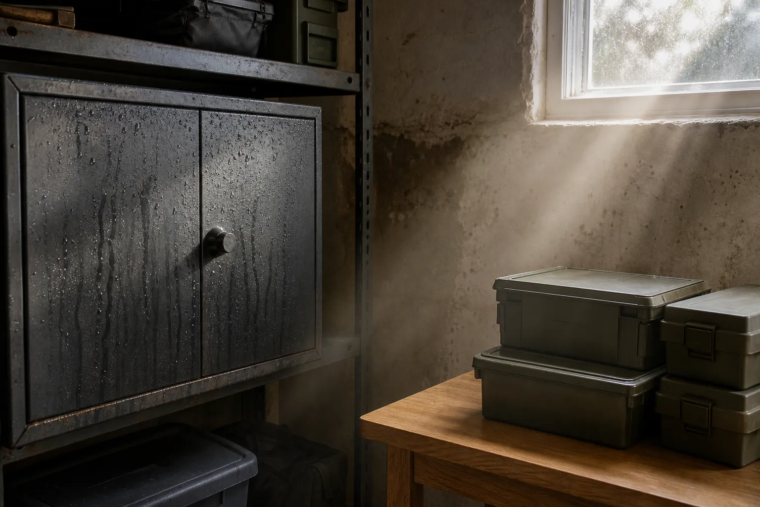 A damp basement shelf and nearby ammunition boxes show how moisture and poor storage can damage ammo.