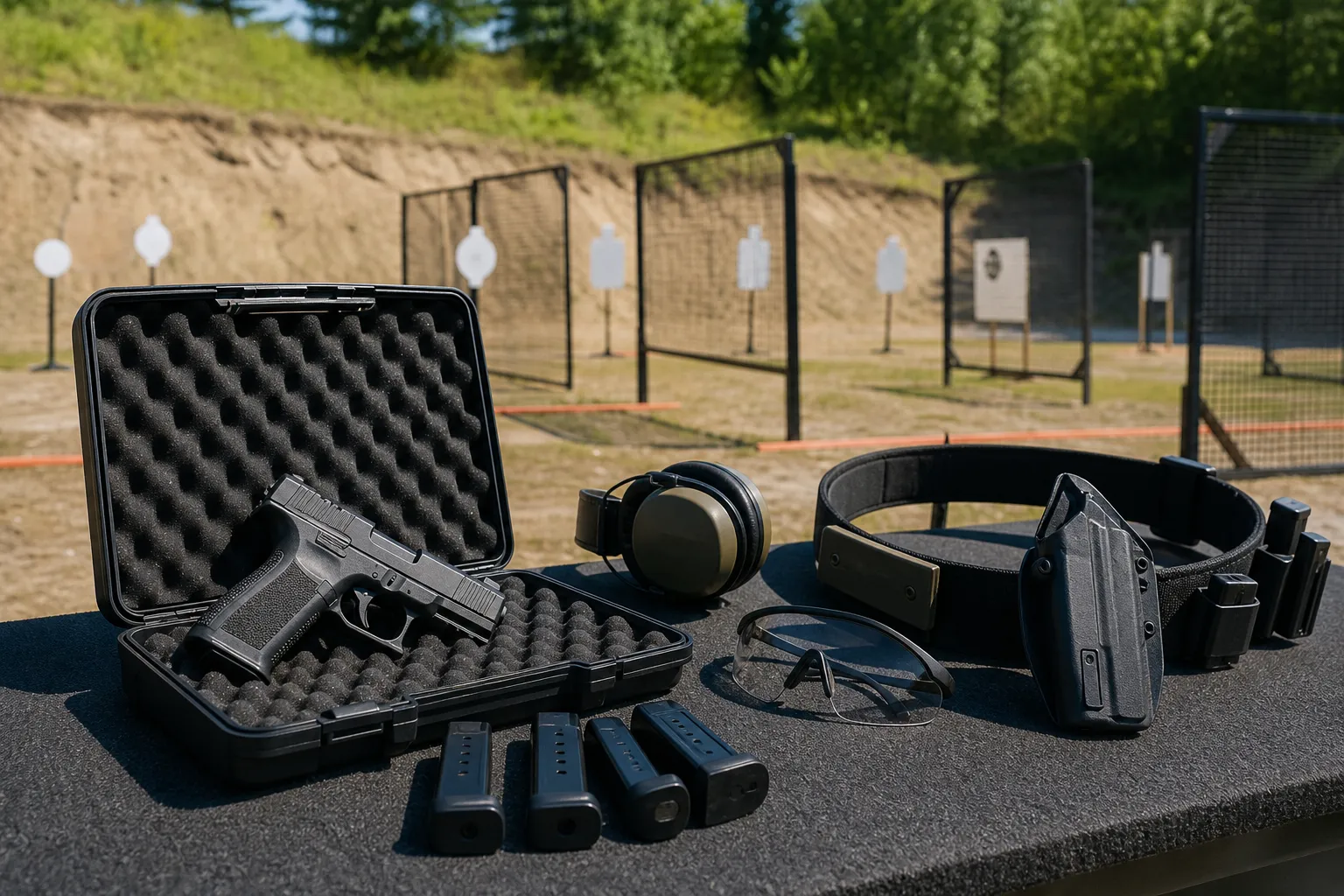 A competition handgun and gear laid out on a bench at an outdoor practical shooting range.
