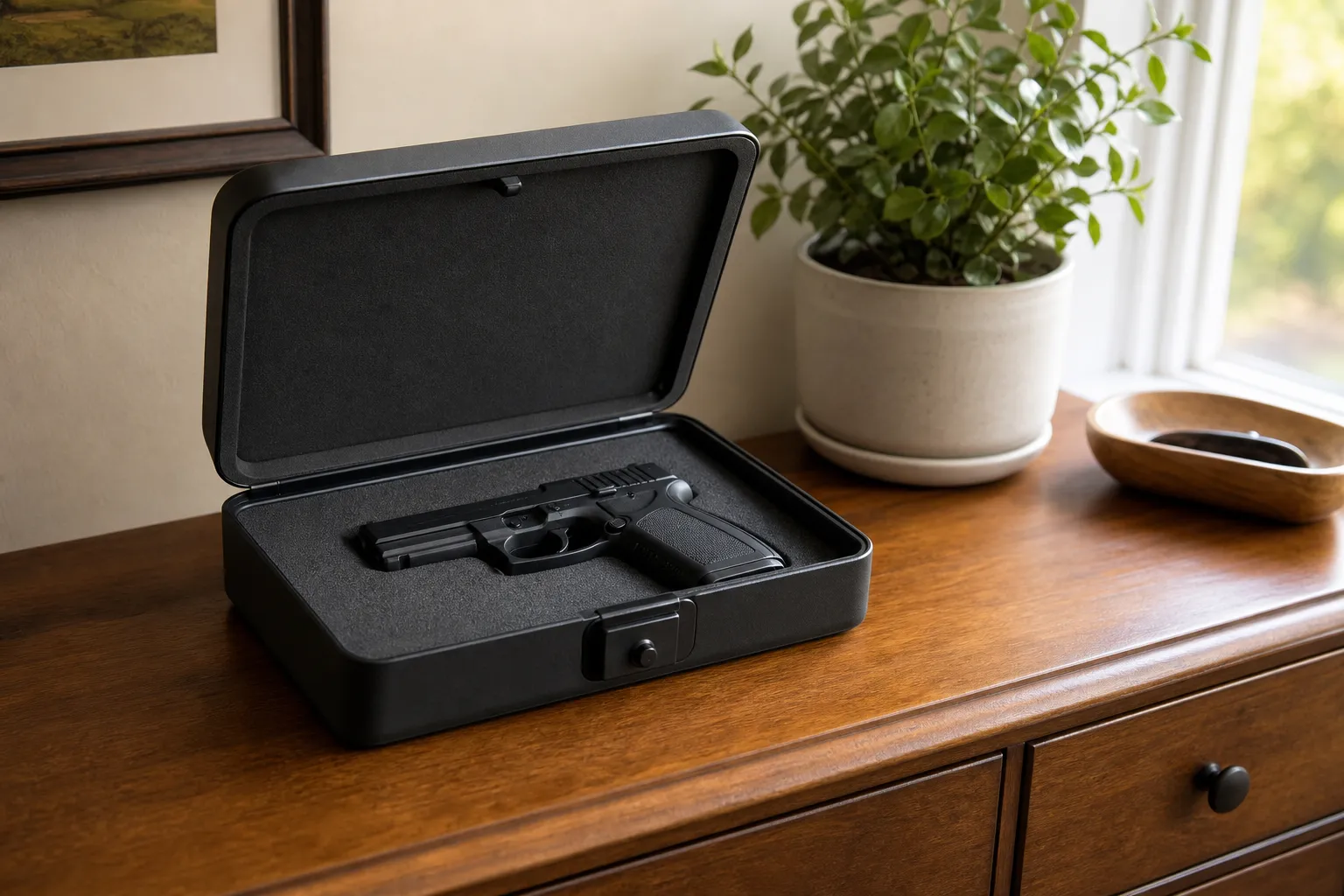 An opened lock box with a handgun stored safely inside a home.