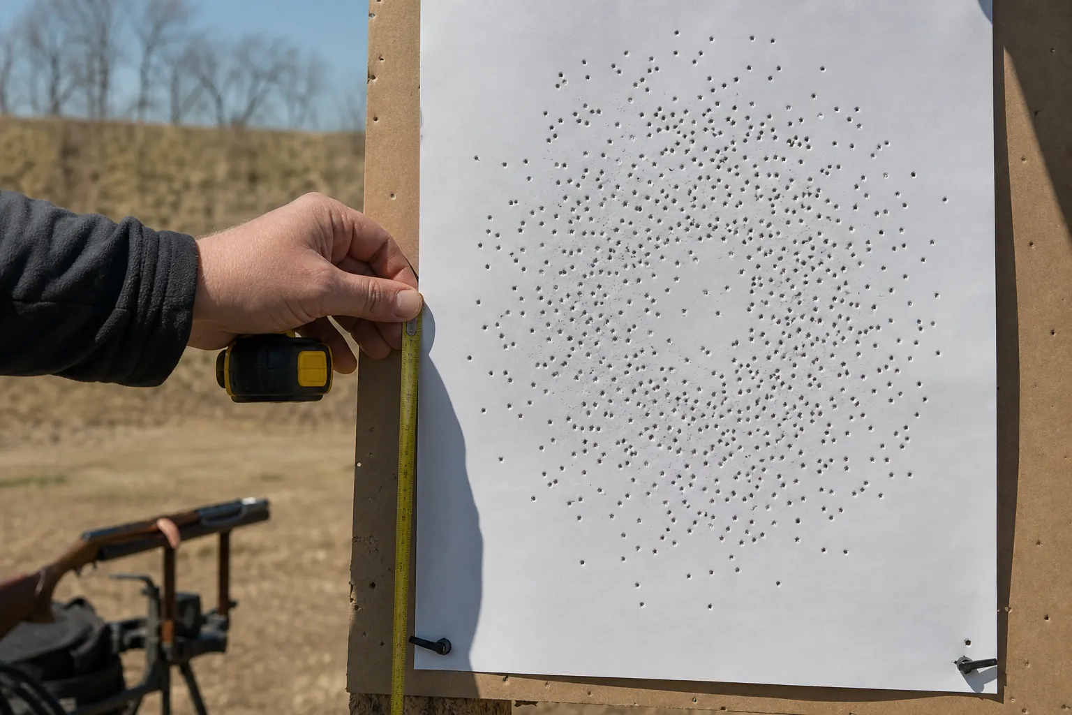 A close view of a pellet pattern on paper target with a tape measure nearby.