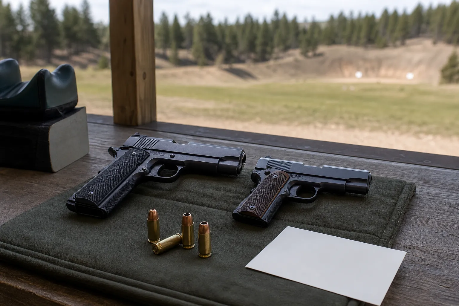 Two generic semiautomatic pistols and loose cartridges resting on an outdoor shooting bench at a rural range.