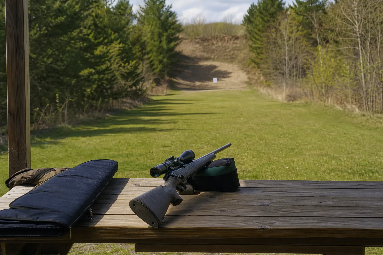 A firearm rests on a shooting bench while a distant target sits far downrange.