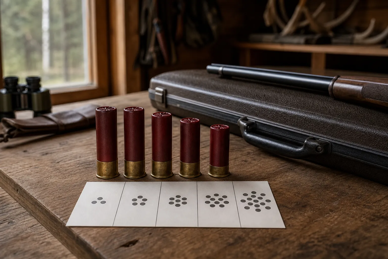 A tabletop display of generic buckshot shells and a simple unlabeled comparison card in a rustic cabin setting.
