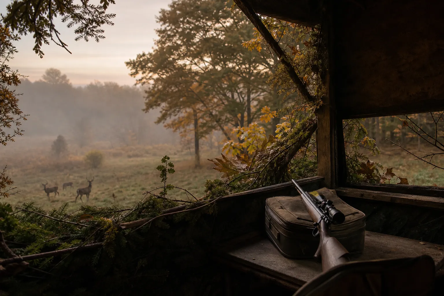 A ground blind sits brushed into an autumn woodland edge near a clearing at dawn.