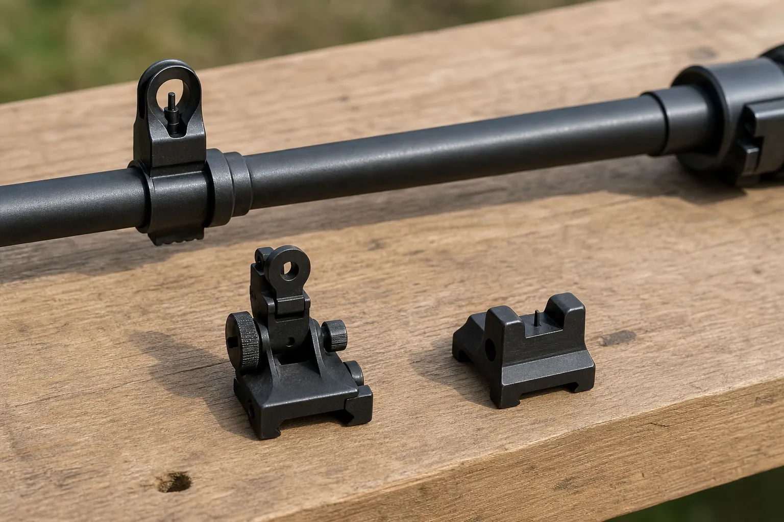 A rifle barrel section with several types of iron sights arranged beside it on a table.