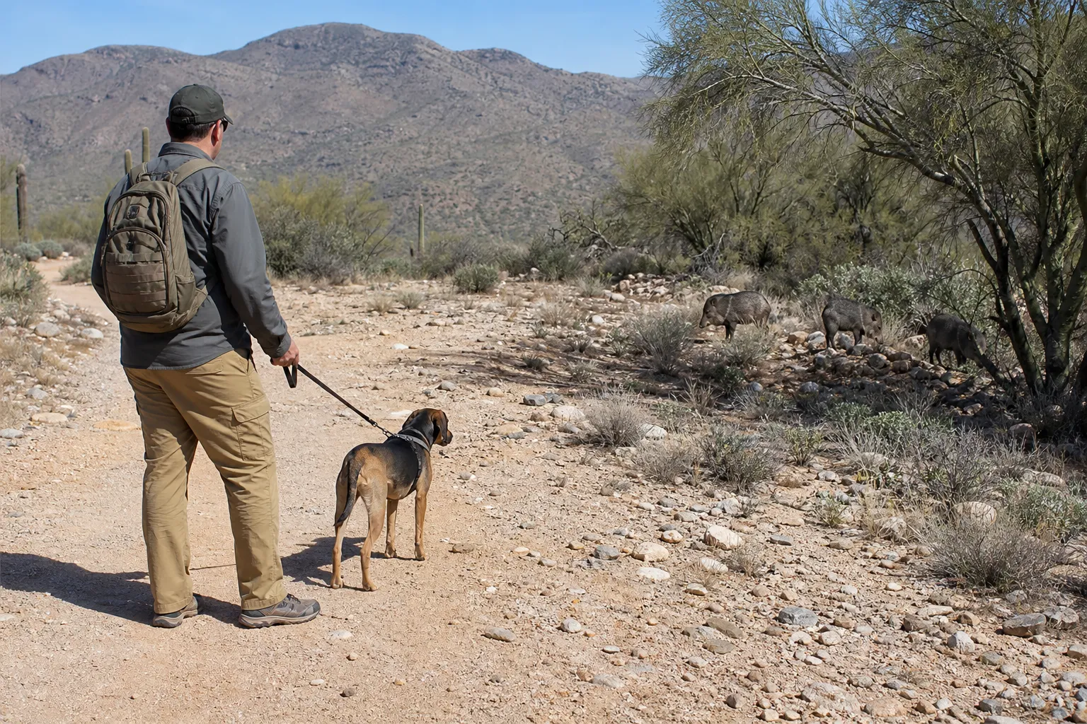 A hiker with a leashed dog keeps distance from javelina near a desert trail.
