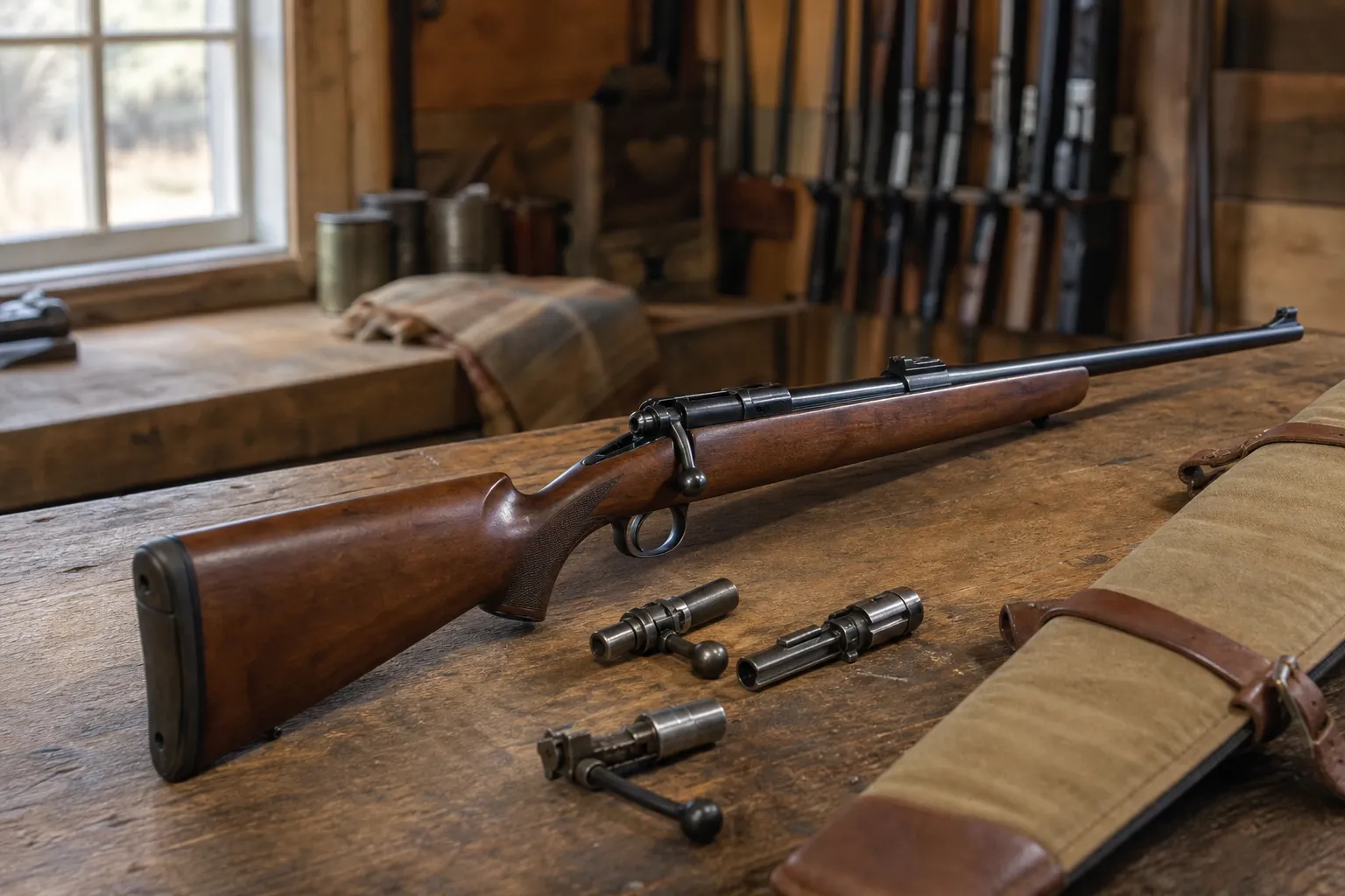 A bolt action rifle rests on a wooden workbench in a rustic gunsmithing shop with vintage tools nearby.