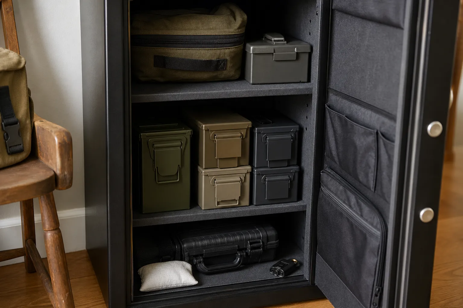 Neatly stacked ammunition boxes sit in a dry secure cabinet with a desiccant pack and lock.