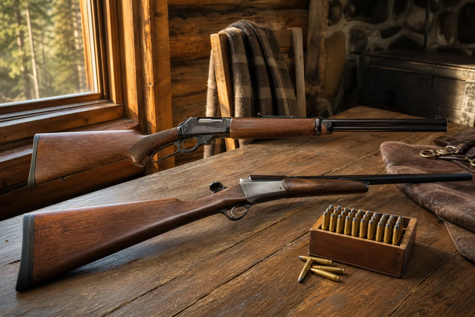 A lever action rifle and a single shot rifle rest on a wooden table beside unmarked cartridges in a rustic cabin interior.