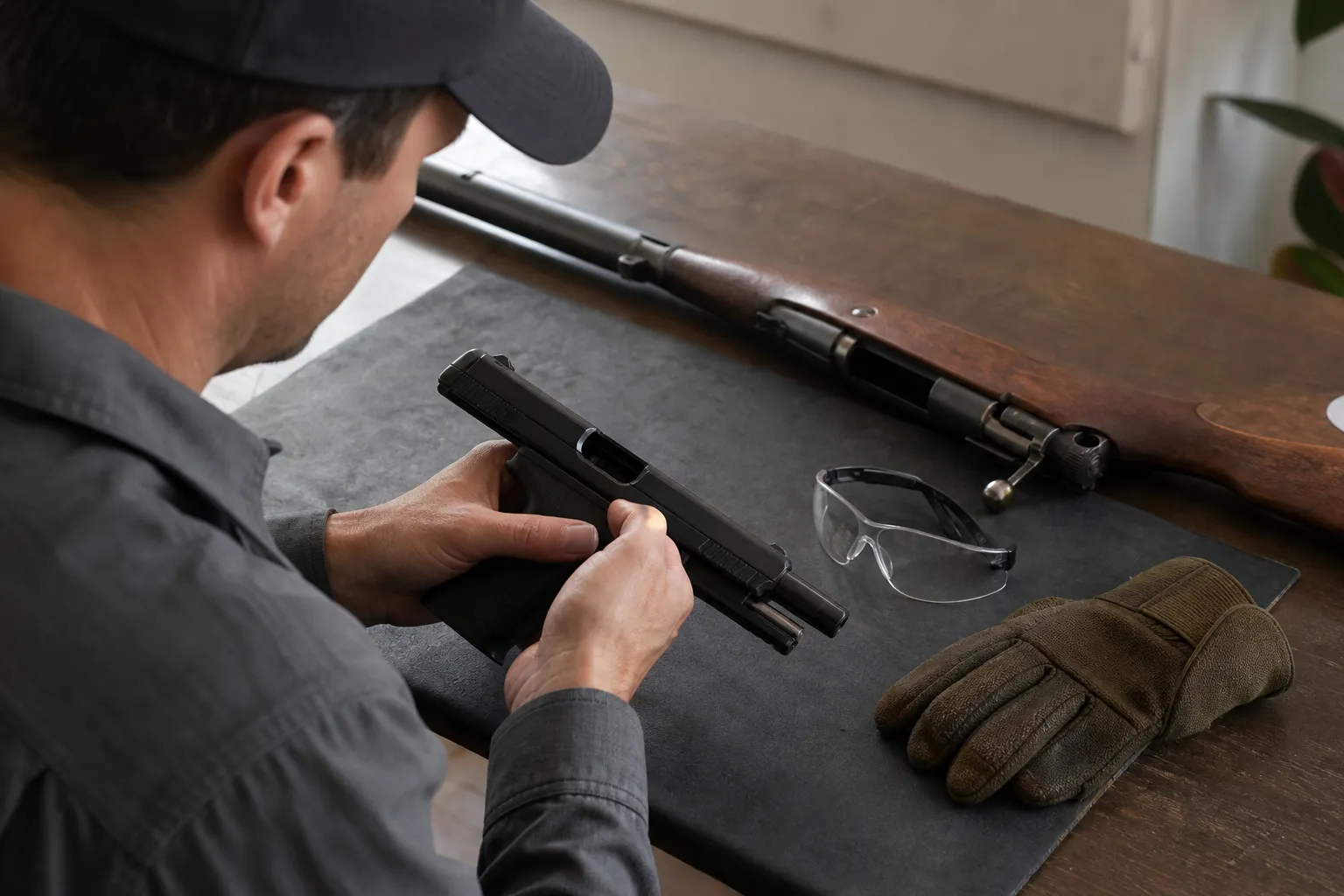 An unloaded handgun and rifle rest safely on a bench while an adult verifies they are clear.