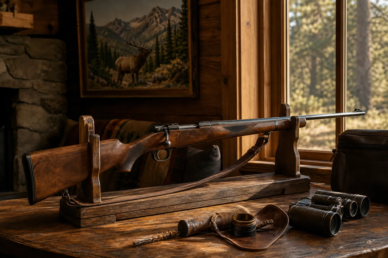 A classic bolt action sporting rifle rests safely in a rustic lodge, evoking the heritage of a famous American hunting rifle.