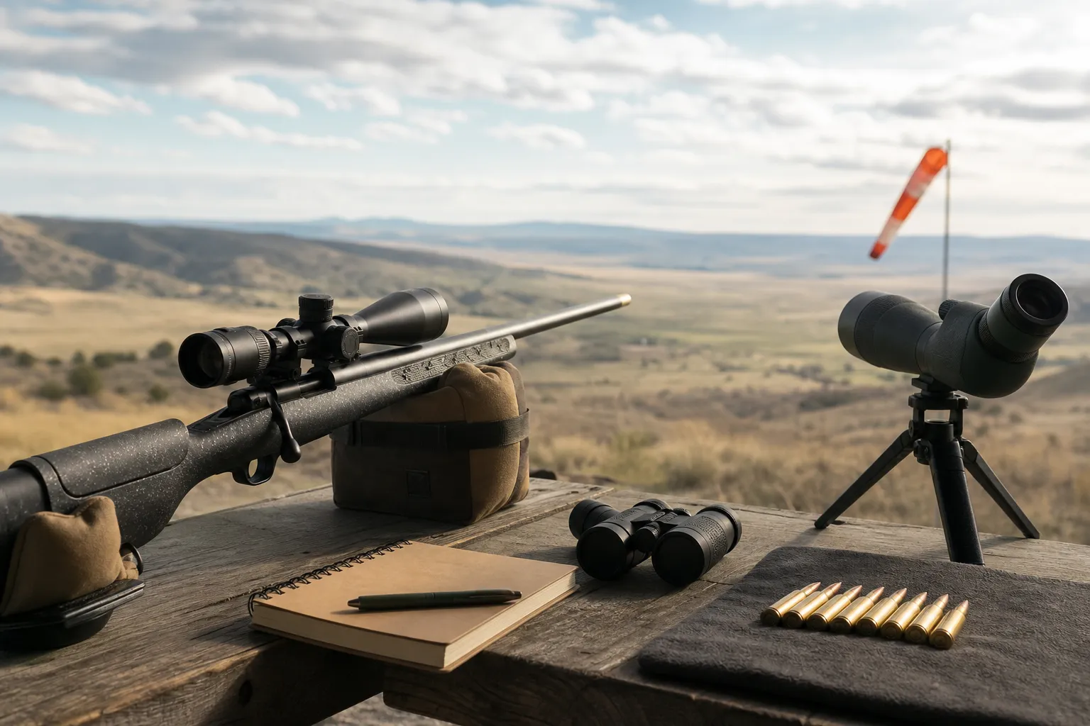 A rifle rests on a bench at an outdoor range with a notebook, spotting scope, and ammunition nearby.