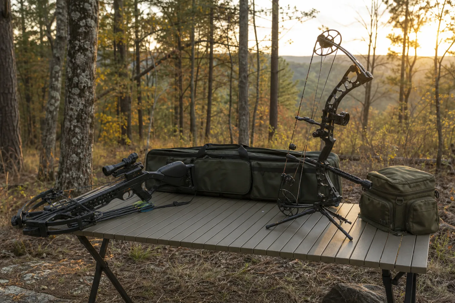 A crossbow and a compound bow rest safely on outdoor gear in a wooded hunting setting at dawn.
