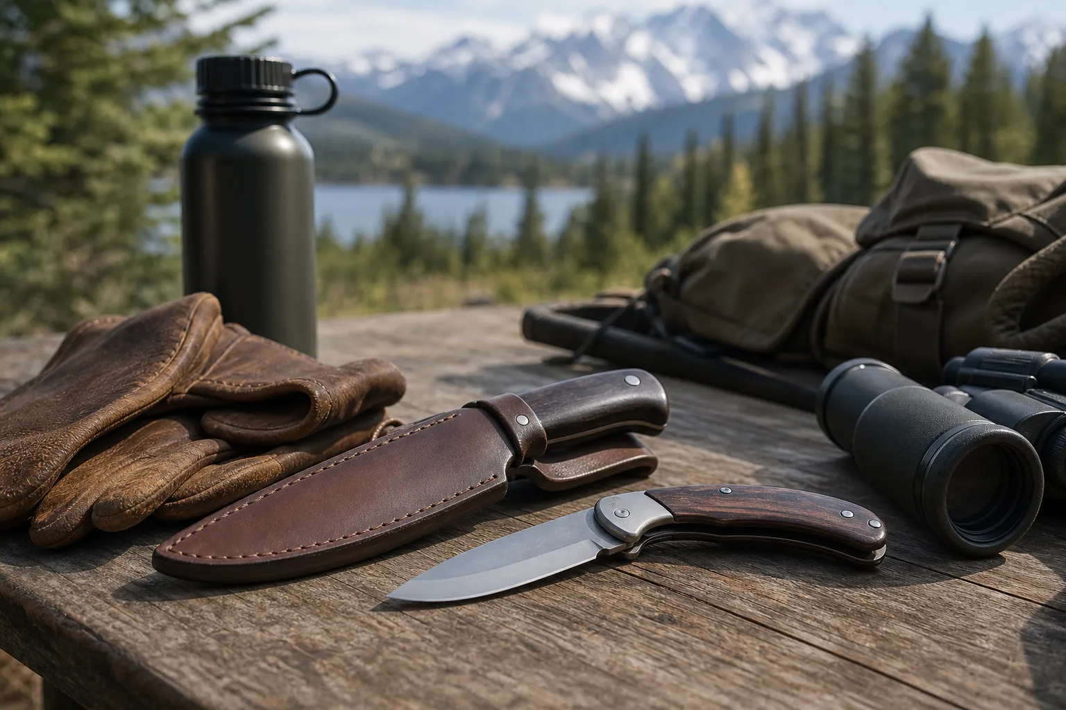 A fixed blade knife in a sheath and a folding knife displayed side by side on a camp table.