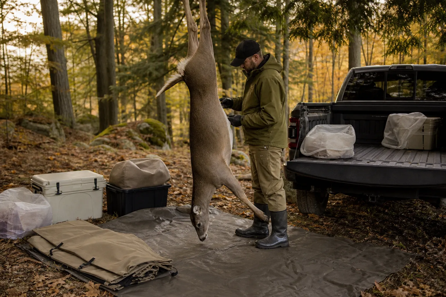 A deer carcass is kept clean and protected with game bags and cooling gear in a camp area.