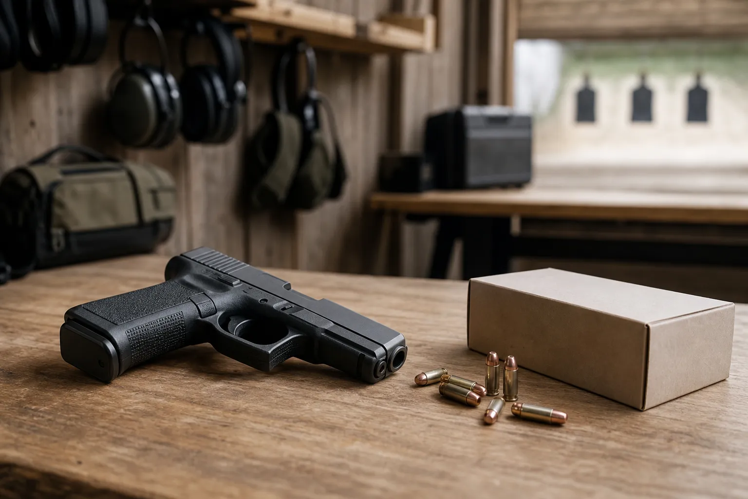 A handgun, loose cartridges, and an unlabeled ammo box resting safely on a wooden table in a natural light setting.
