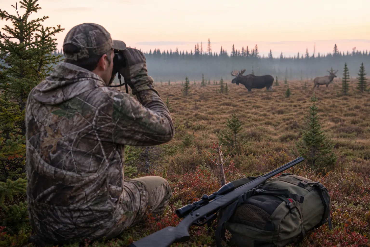 A hunter watches moose and elk from a distance while an unloaded rifle rests safely nearby.