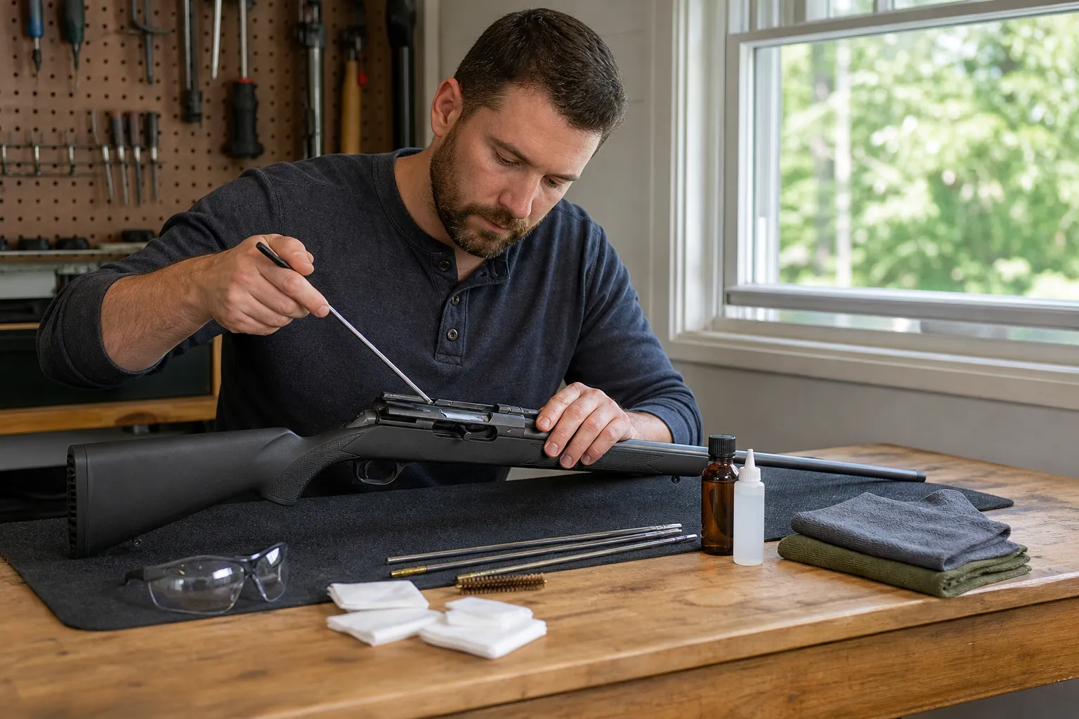 A person cleans an unloaded rifle on a tidy workbench with eye protection and cleaning supplies nearby.
