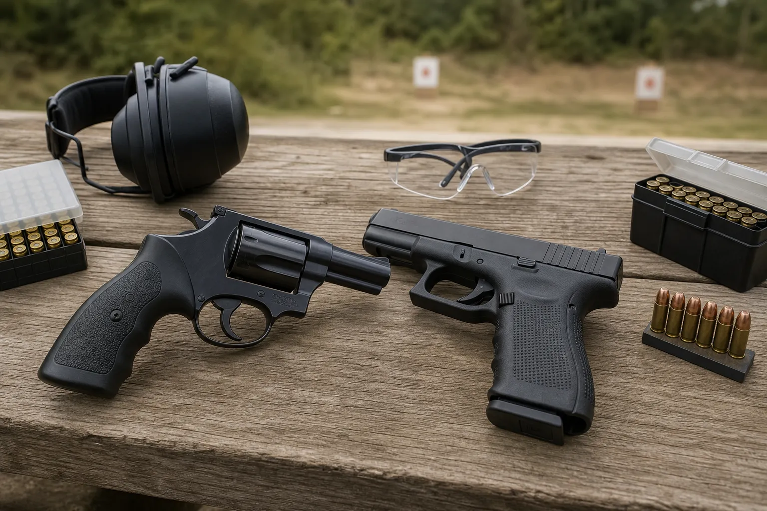 A revolver and a semi automatic pistol resting side by side on a table with safety gear for a clear comparison.