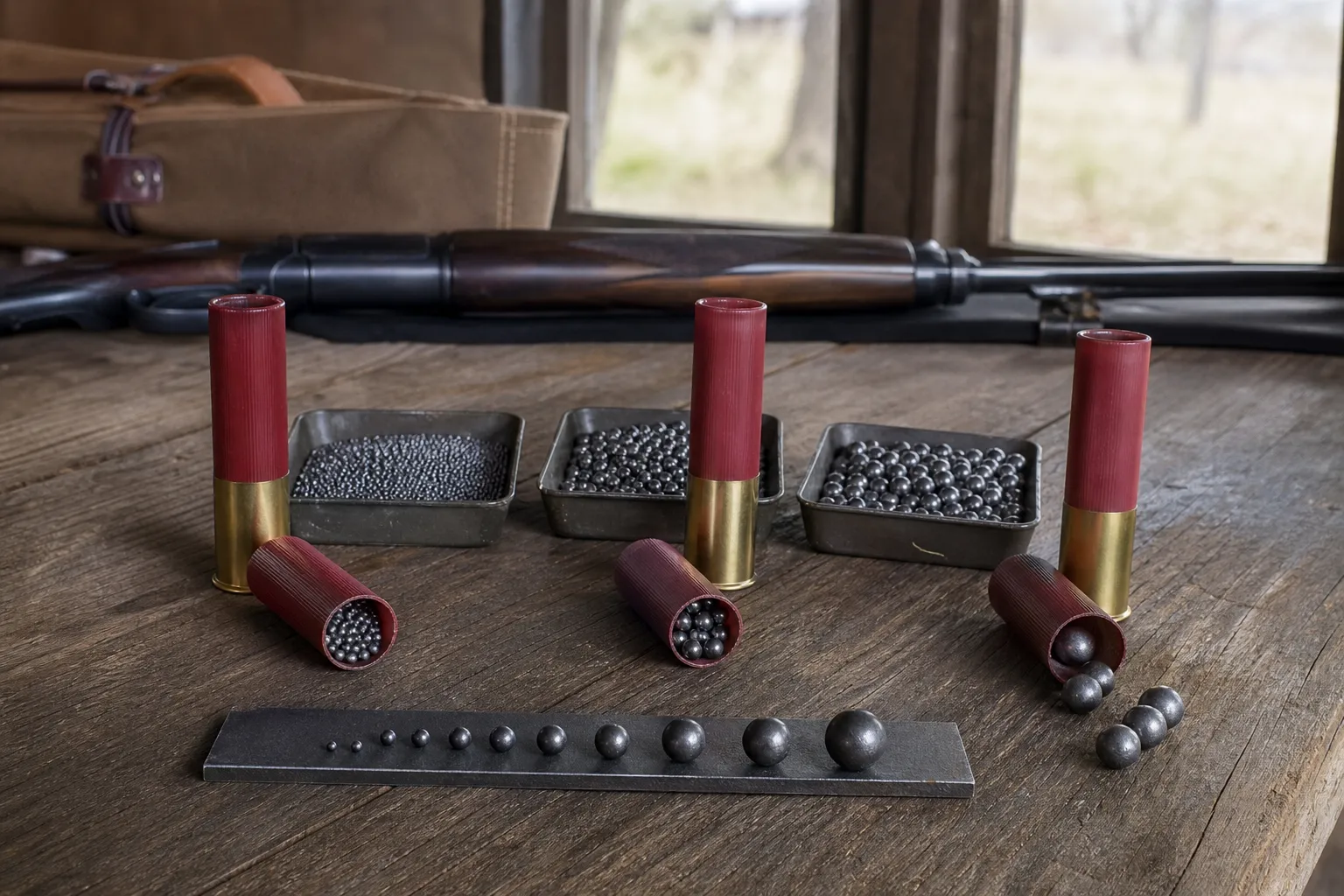 Several generic shotgun shells with different sized pellets arranged on a workbench beside an unlabeled measuring tool.