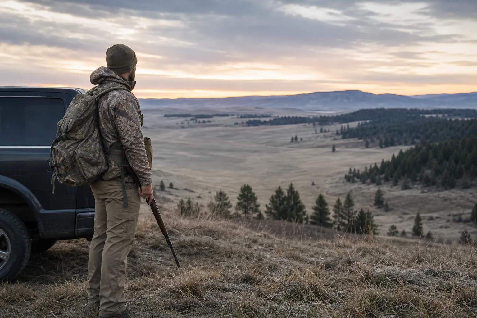 A hunter stands safely beside a truck at the edge of a wide open field, looking across a long valley under soft morning light.