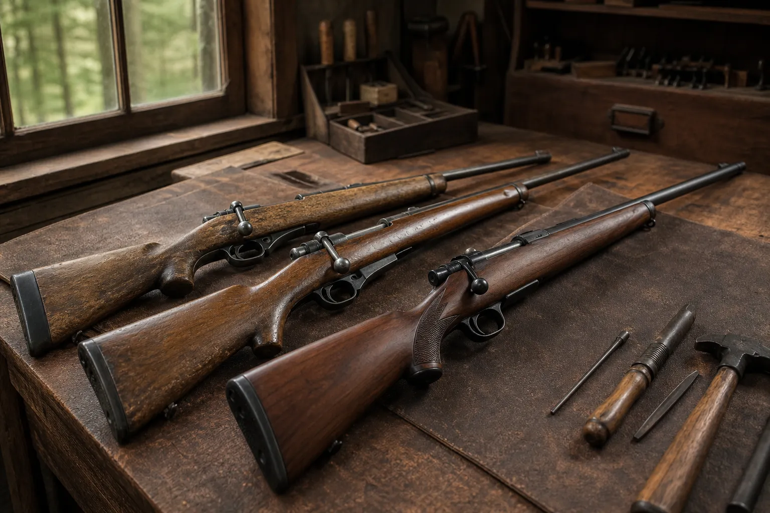 Three bolt action rifles rest on a workbench to suggest the evolution from earlier designs to a newer model.