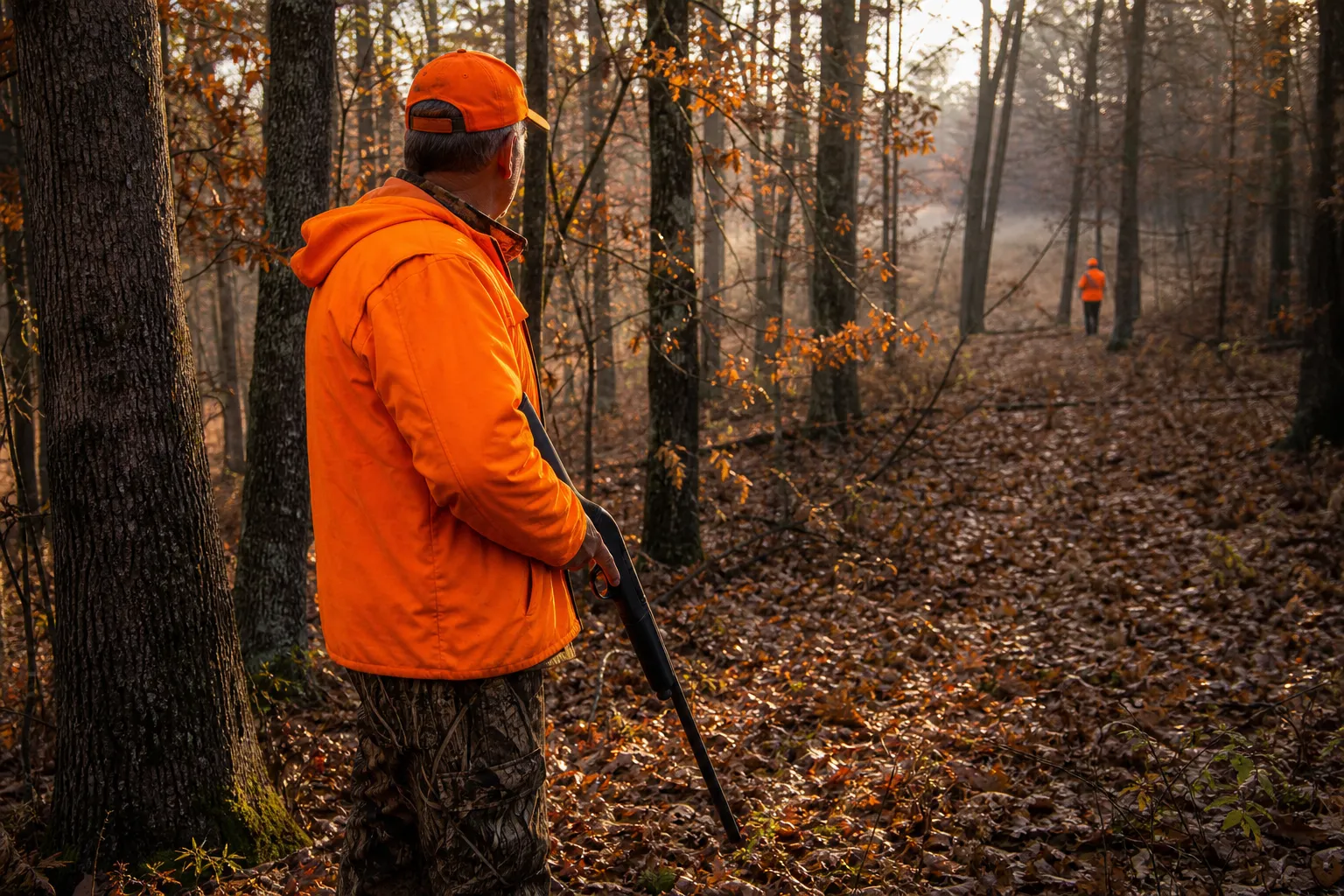 A hunter wearing blaze orange stands in an autumn woods with another orange clad hunter visible in the distance.