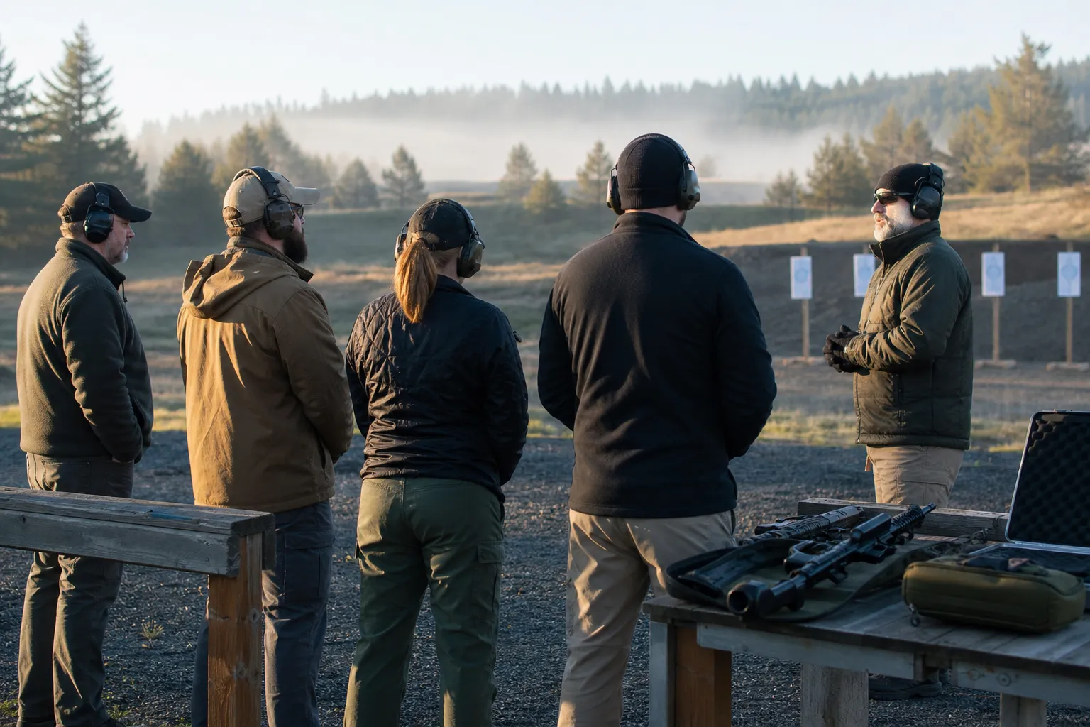 Adults at an outdoor shooting range listen to a range officer while firearms rest safely on the bench and targets stand downrange.