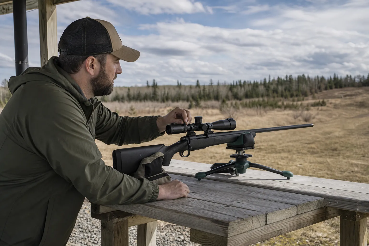 An adult shooter stands at an outdoor range beside a rifle resting on a bench as wind moves the grass around the shooting lane.