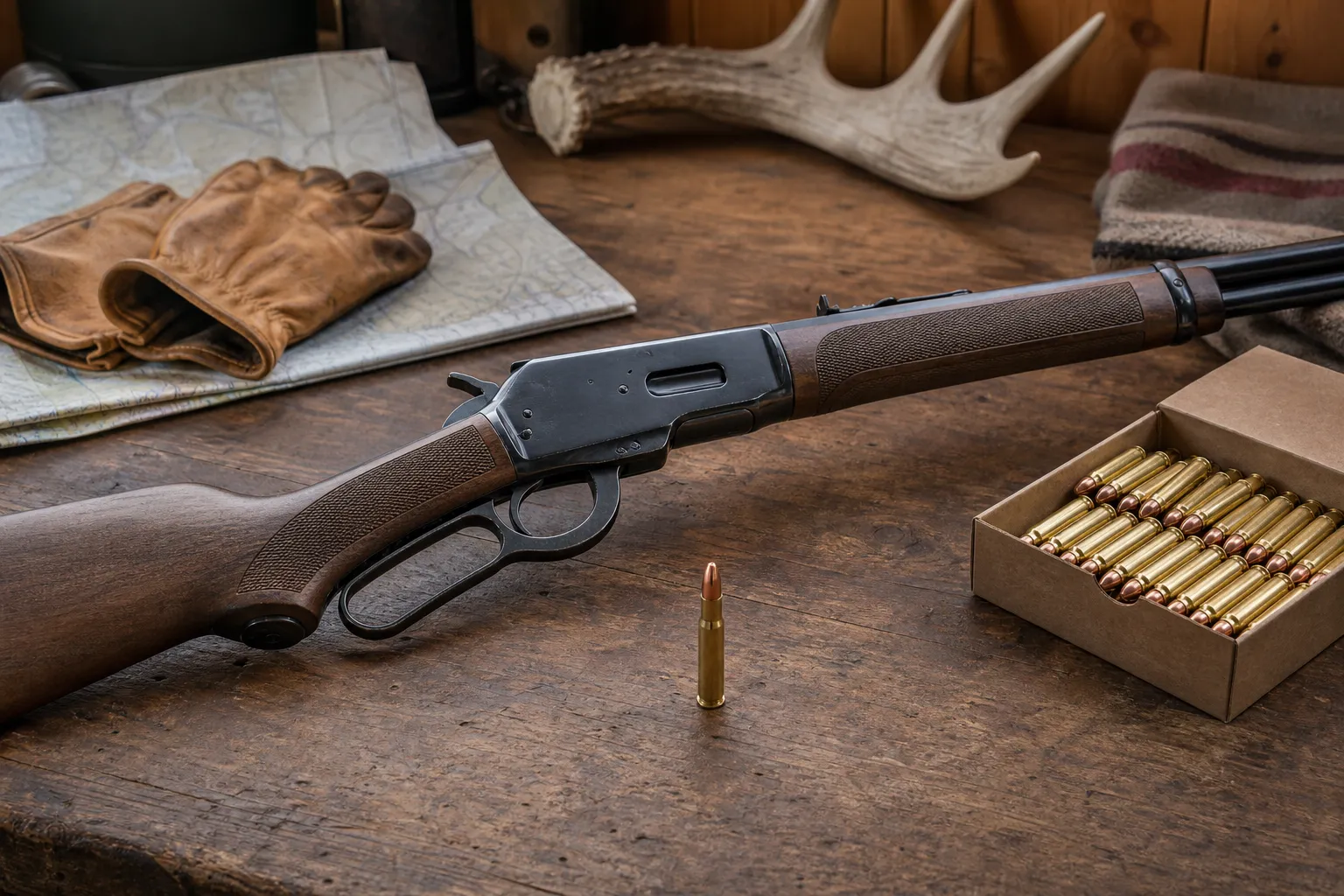 A lever action rifle and a straight wall cartridge are arranged safely on a gun bench with hunting gear.