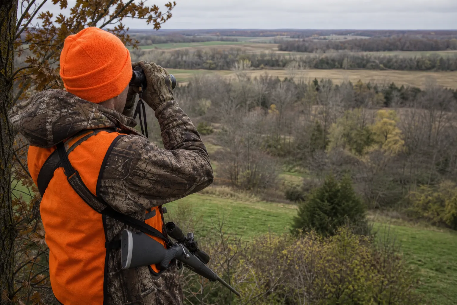 A hunter observes deer habitat from a safe overlook in a typical straight wall deer hunting landscape.