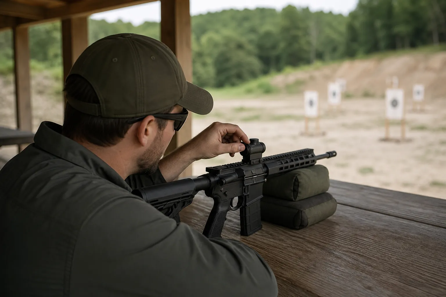 An adult shooter at an outdoor range adjusts a red dot sight on a firearm resting safely on a bench with targets downrange.